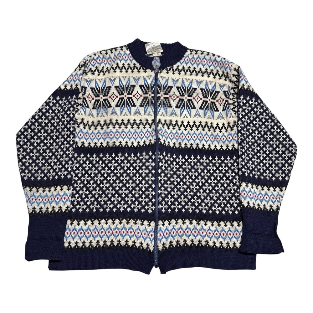 Lakeland Knitwear Fair Isle Full Zip‎ Stained Wool Sweater Women's XL